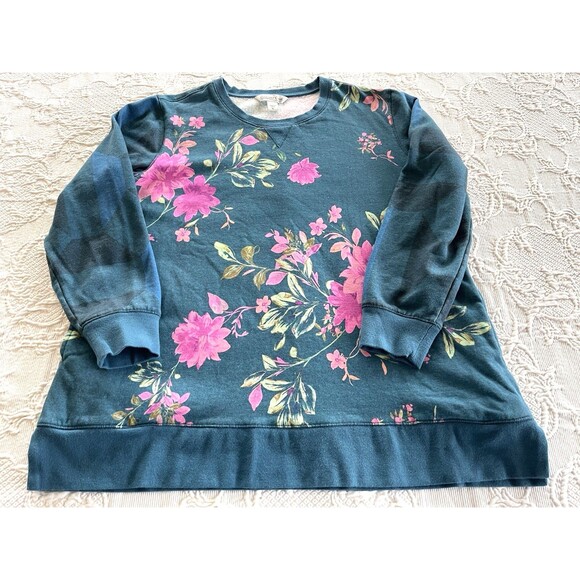 Coldwater Creek Teal Floral Sweatshirt Side Pockets Ladies Size XL - Picture 3 of 14